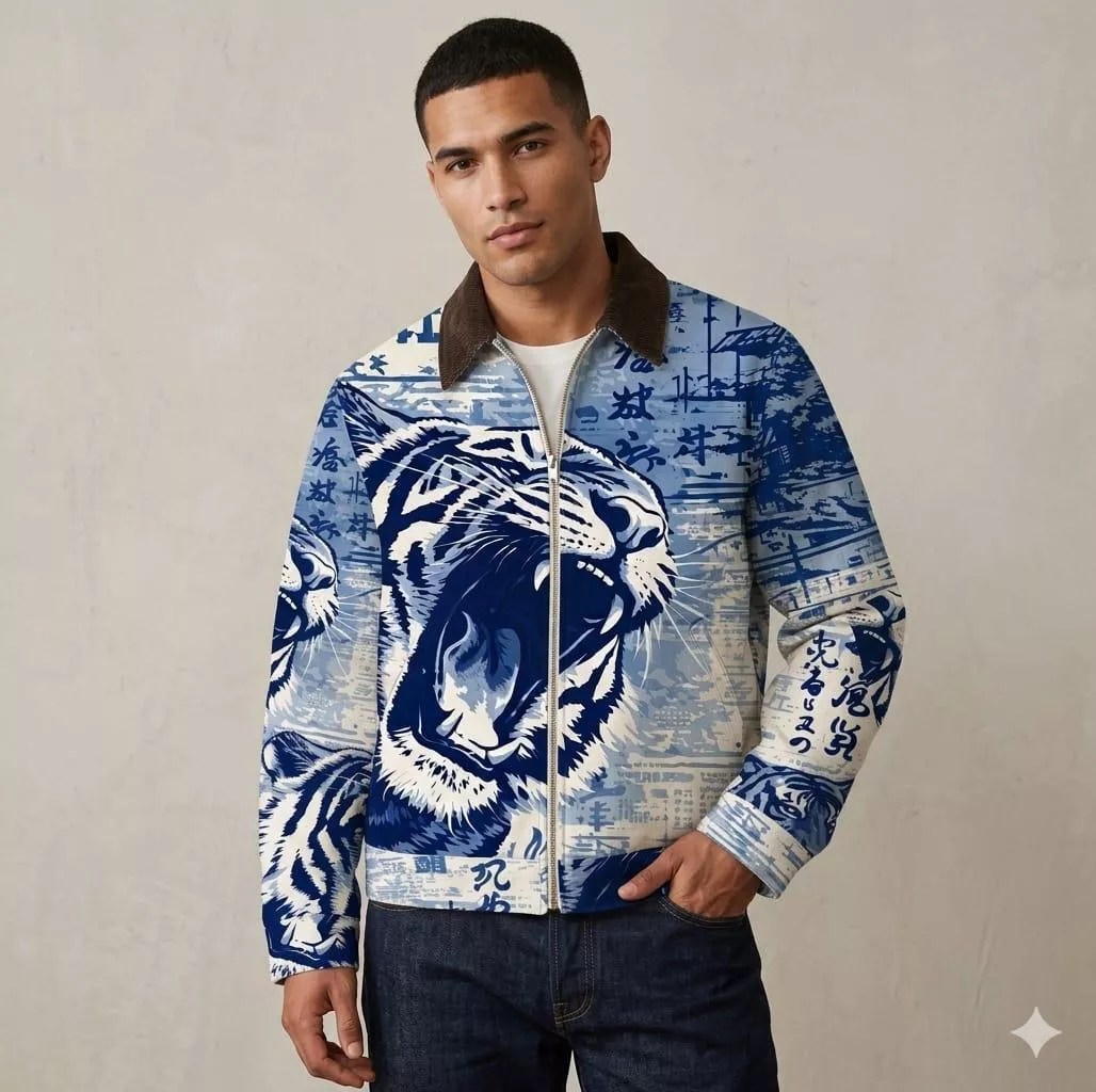 Male model wearing a premium blue patterned men's shirt